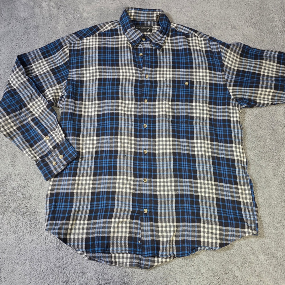 Evan-Picone Sport Mens L Button Down Shirt Blue Black White Plaid Cotton Long Sv